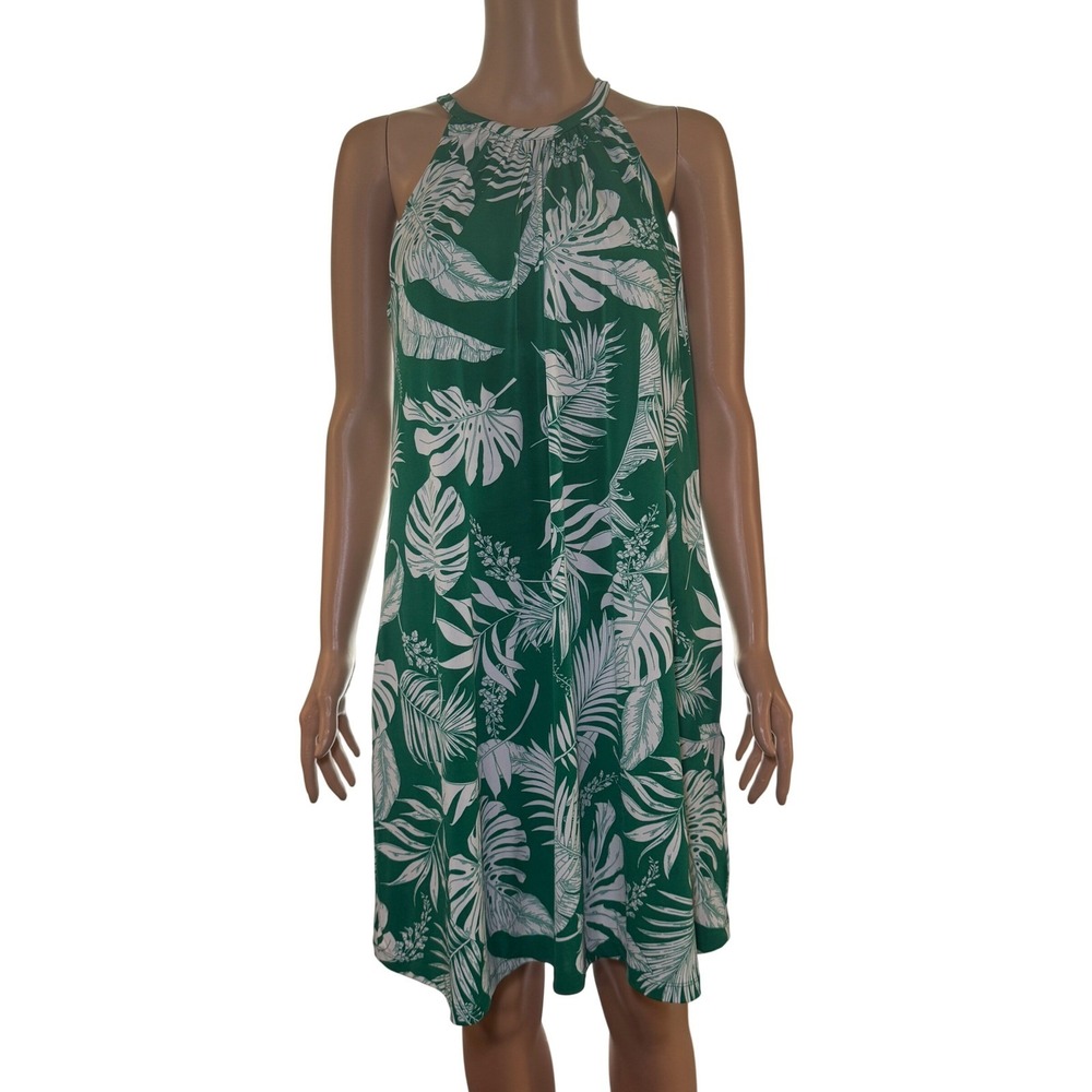 Tahari Green White Tropical‎ Leaf Print Hawaiian Dress with Pockets